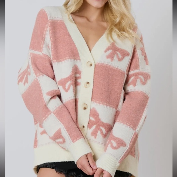 Jane Bow Check Sweater ✨ 3D Bow and Square Pattern Oversized Cardigan - Picture 3 of 8